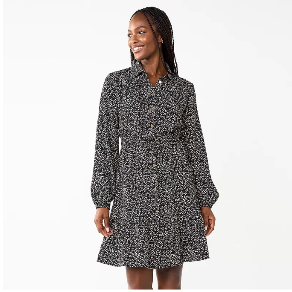DRAPER JAMES RSVP Button-Front, Front Tie Waist Dress Black Tan Ditsy Floral 1X
